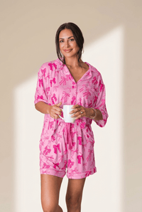 Women's Pink Bow Print Pajama Set with Half-Sleeve Top and Shorts