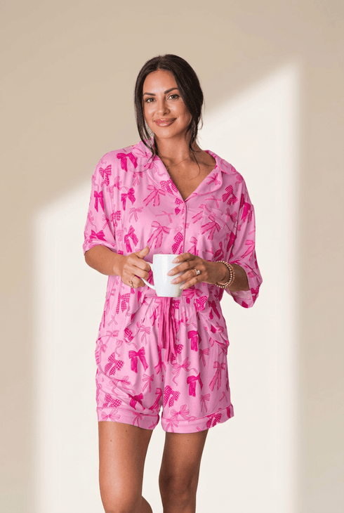 Women's Pink Bow Print Pajama Set with Half-Sleeve Top and Shorts