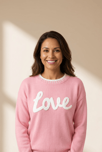 Women's Pink Chenille 'Love' Script Sweater with Contrast Trim