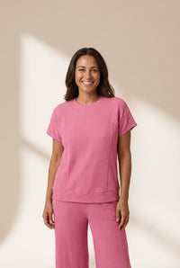 Women's Pink Corded Knit Short Sleeve Top and Wide Leg Pant Set with practical styling and dependable silhouette control.