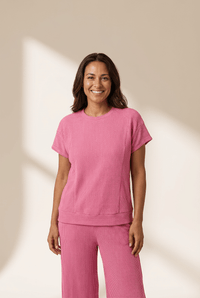 Women's Pink Corded Knit Short Sleeve Top and Wide Leg Pant Set with practical styling and dependable silhouette control.