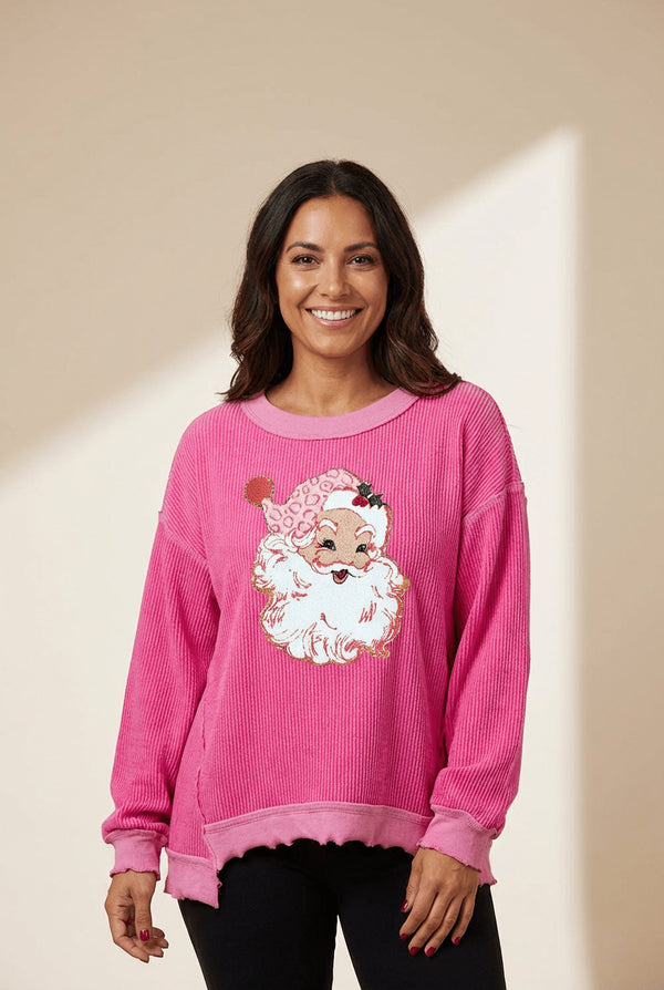 Women's Pink Festive Santa Patch Ribbed Long Sleeve Graphic Top
