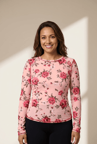 Women's Pink Floral Long Sleeve Mesh Blouse with Exposed Seams