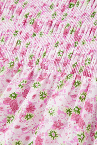Pink Floral Short Bubble Sleeve Shirred High Waist Maxi Dress