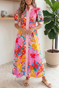 Women's Pink Floral Print Short Sleeve Vacation Dress with Striped Trim - Stylish & Comfortable Summer Outfit