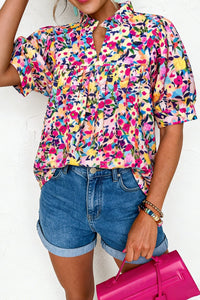 
Women's Floral Puff Sleeve V-Neck Blouse with Ruffled Collar