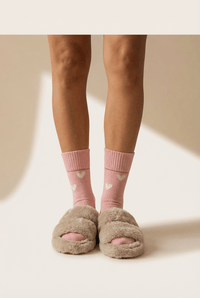 Women's Pink Heart Print Polyester Crew Socks with Ribbed Cuffs