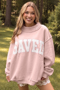 $11.7 Pink Saved By Grace Embroidered Detail Letter Graphic High Neck Sweatshirt Wholesale