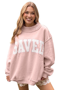 $11.7 Pink Saved By Grace Embroidered Detail Letter Graphic High Neck Sweatshirt Wholesale