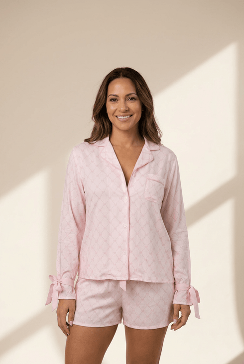 Women's Pink Lattice Viscose Pajama Set with Ribbon Cuffs