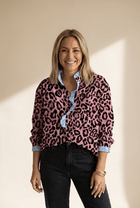 Women's Pink Leopard Print Frill Accent Blouse