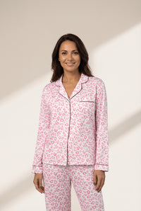 Women's Pink Leopard Print Viscose Pajama Set with Contrast Piping
