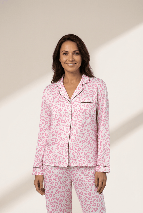 Women's Pink Leopard Print Viscose Pajama Set with Contrast Piping