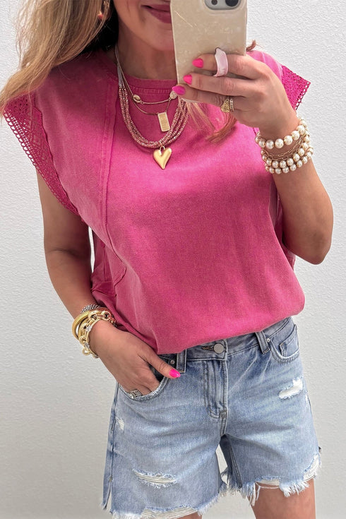 Women's Pink Mineral Wash Cap Sleeve Top with Lace Trim and Raw Seam Detail - Chic, Comfortable Fit for Everyday Wear