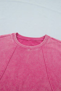 Pink Mineral Wash Raw Seam Detail Lace Trim Cap Sleeve Top