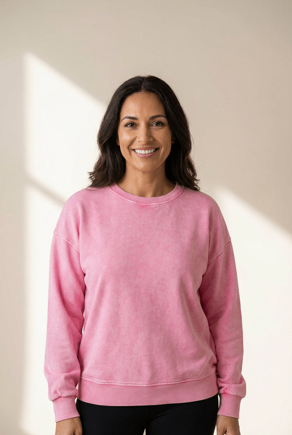 Women's Pink Mineral Wash Cotton Blend Pullover Sweatshirt