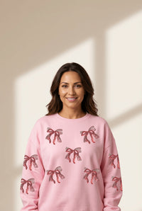 Women's Pink Oversized Sequin Bow Sweatshirt with Drop Shoulder