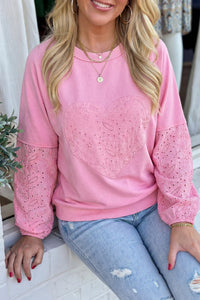 Women's Pink Heart Patchwork Broderie Anglaise Long Sleeve Top