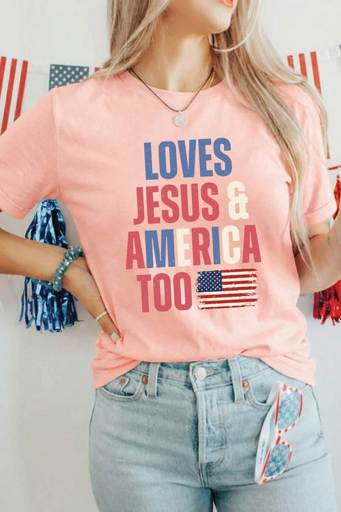 Women's Pink Patriotic Flag Graphic Tee - LOVES JESUS & AMERICA, Casual Fit, Perfect for Independence Day Celebrations