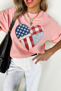 Women's Pink Patriotic Heart Graphic Tee - Trendy Faux Patchwork Summer Top for Casual Chic Looks