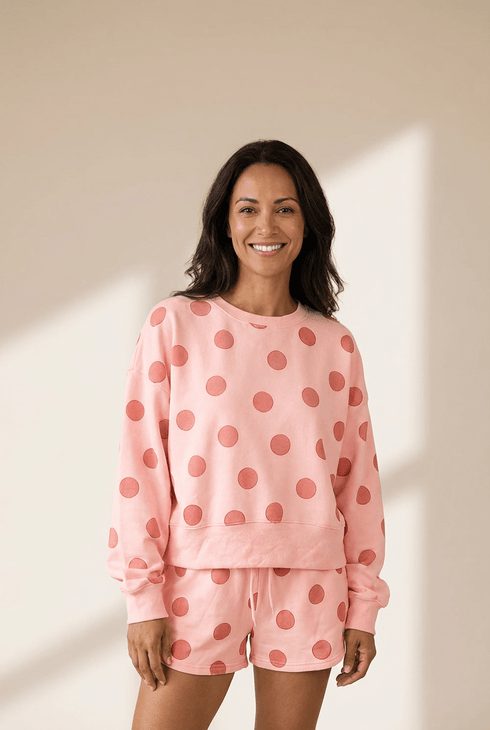 Women's Pink Polka Dot Pullover & Shorts Set