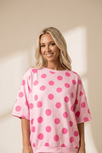 Women's Pink Polka Dot Oversized Tee with Drop Shoulder Silhouette