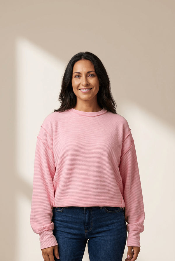 Women's Pink Ribbed Drop Shoulder Top with Exposed Seams