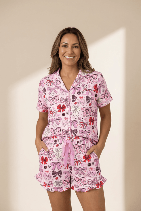 Women's Pink Ribbon Bow Print Short Pajama Set