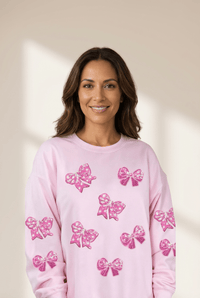 Women's Pink Sequin Bow Pullover Sweatshirt in Sweatshirts & Hoodies