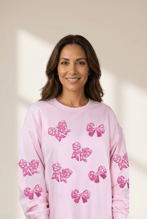 Women's Pink Sequin Bow Pullover Sweatshirt in Sweatshirts & Hoodies