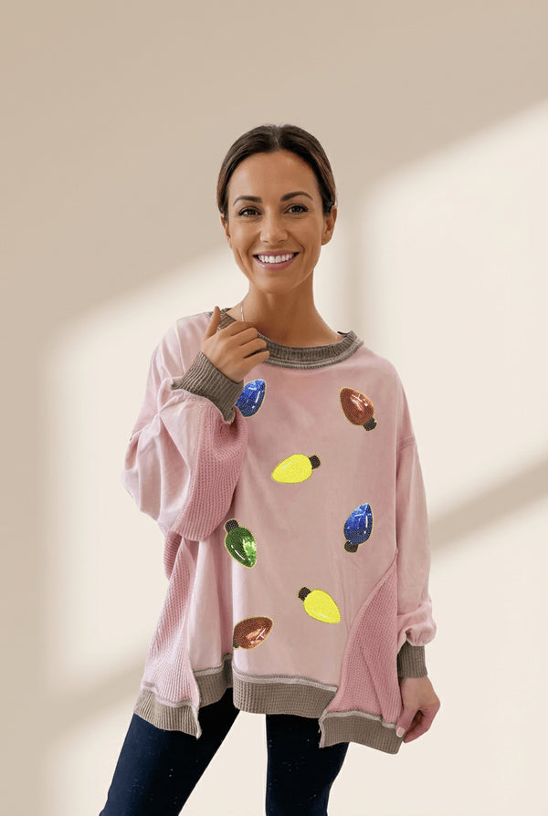 Women's Pink Sequin Christmas Light Sweatshirt with Patchwork