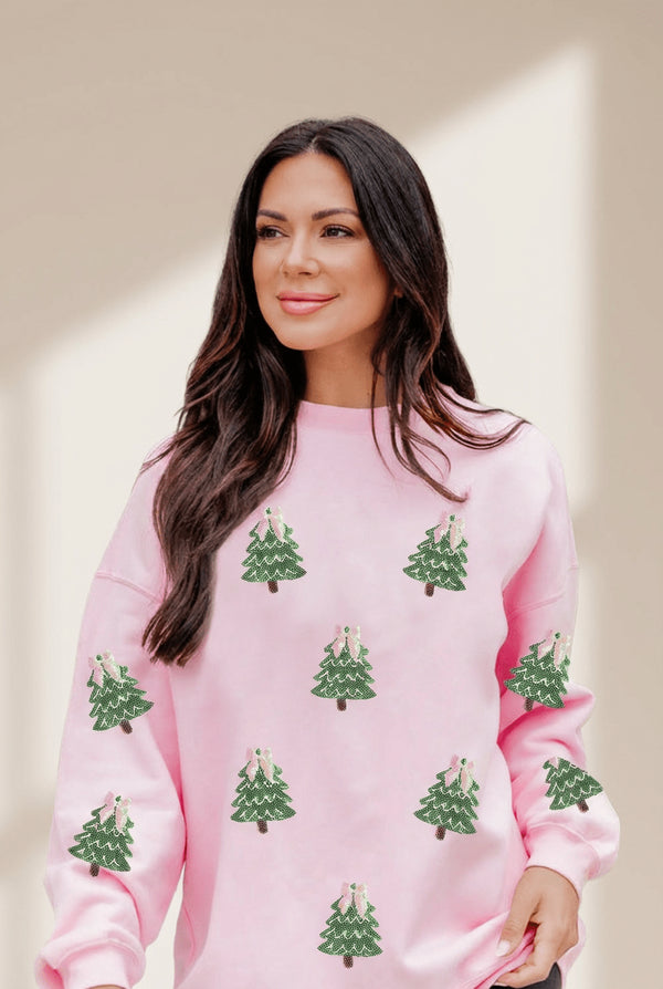 Women's Pink Sequin Christmas Tree Graphic Sweatshirt