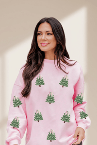 Women's Pink Sequin Christmas Tree Graphic Sweatshirt