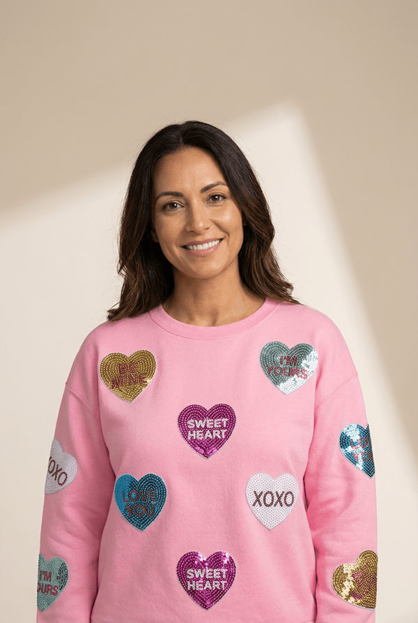 Women's Pink Sequin Heart Sweatshirt with Crew Neckline