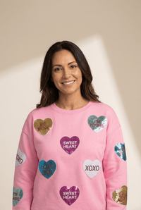 Women's Pink Sequin Heart Sweatshirt with Crew Neckline