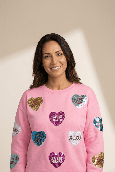 Women's Pink Sequin Heart Sweatshirt with Crew Neckline