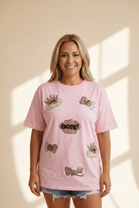 Women's Pink Sequin Patchwork Relaxed Graphic Tee