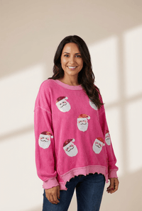 Women's Pink Sequin Santa Ribbed Knit Christmas Top