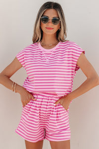 Women's Pink Stripe Cap Sleeve Tee and Elastic Waist Shorts Set - Casual Summer 2-Piece Outfit for Effortless Style