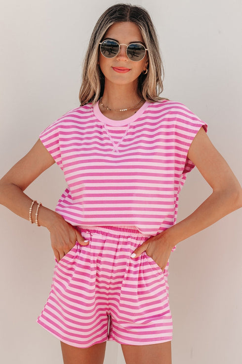 Women's Pink Stripe Cap Sleeve Tee and Elastic Waist Shorts Set - Casual Summer 2-Piece Outfit for Effortless Style