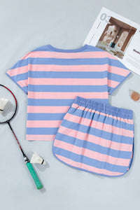 Pink Stripe Dolman Tee Drawstring Skort Athletic 2pcs Set