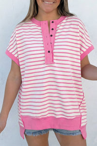 women's pink stripe high low short sleeve blouse with half placket - easy and wearable casual wear with practical styling and dependable silhouette