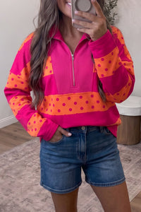 Women's Pink Stripe Patchwork Polka Dot Quarter Zip Long Sleeve Top