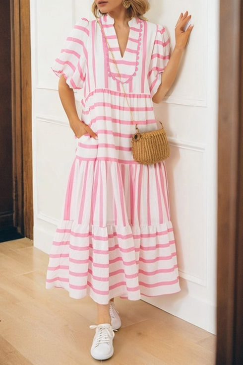 women's pink striped half sleeve vacation dress with ricrac trim and notched neck for effortless summer fashion with practical styling and dependable
