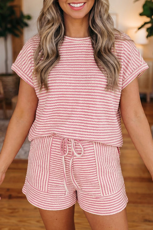 Women's Pink Striped Knit Short Set - Stylish Breathable Summer Two-Piece Outfit for Comfortable Casual Wear