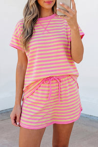 Women's Pink Striped Loose-Fit Short Sleeve Top with Flowy Skirt Set for Effortless Summer Chic