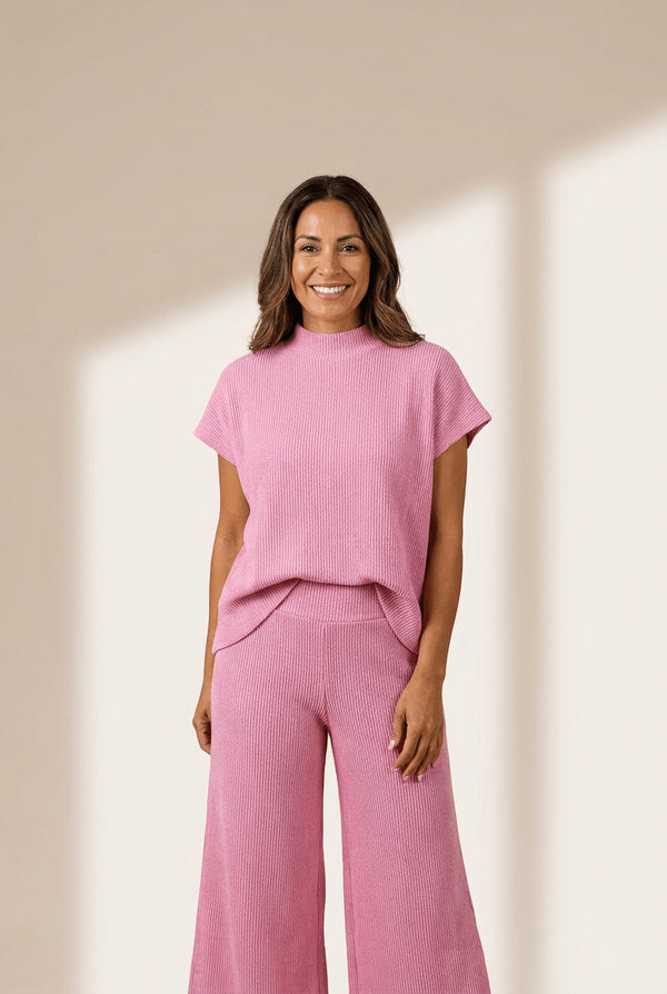 Women's Pink Textured Knit High Neck Tee & Elastic Waist Pants Set - Stylish, Comfortable Outfit for Everyday Wear