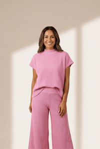 
Women's Pink Textured Knit High Neck Tee & Elastic Waist Pants Set - Stylish, Comfortable Outfit for Everyday Wear