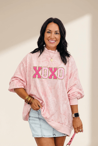 Women's Pink Tie Dye Chenille XOXO Mock Neck Sweatshirt
