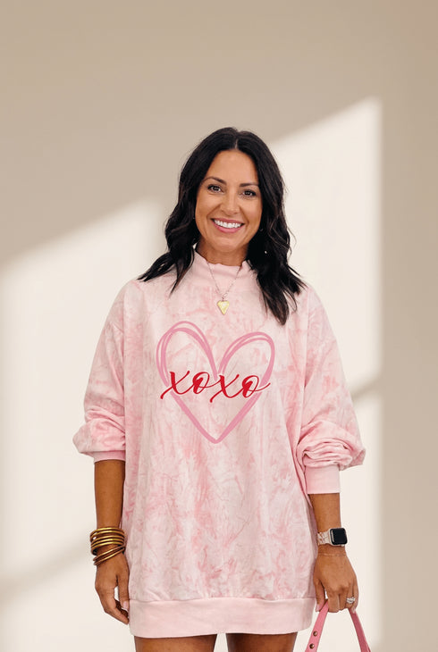 Women's Pink Tie-Dye Heart Print Mock Neck Oversized Sweatshirt